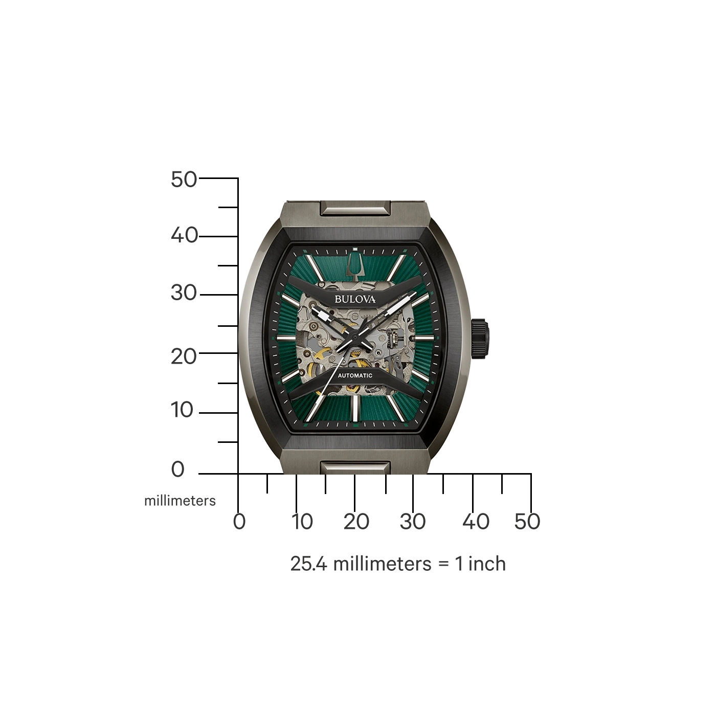 Bulova horloge met groene wijzerplaat en transparant mechanisme, automatisch