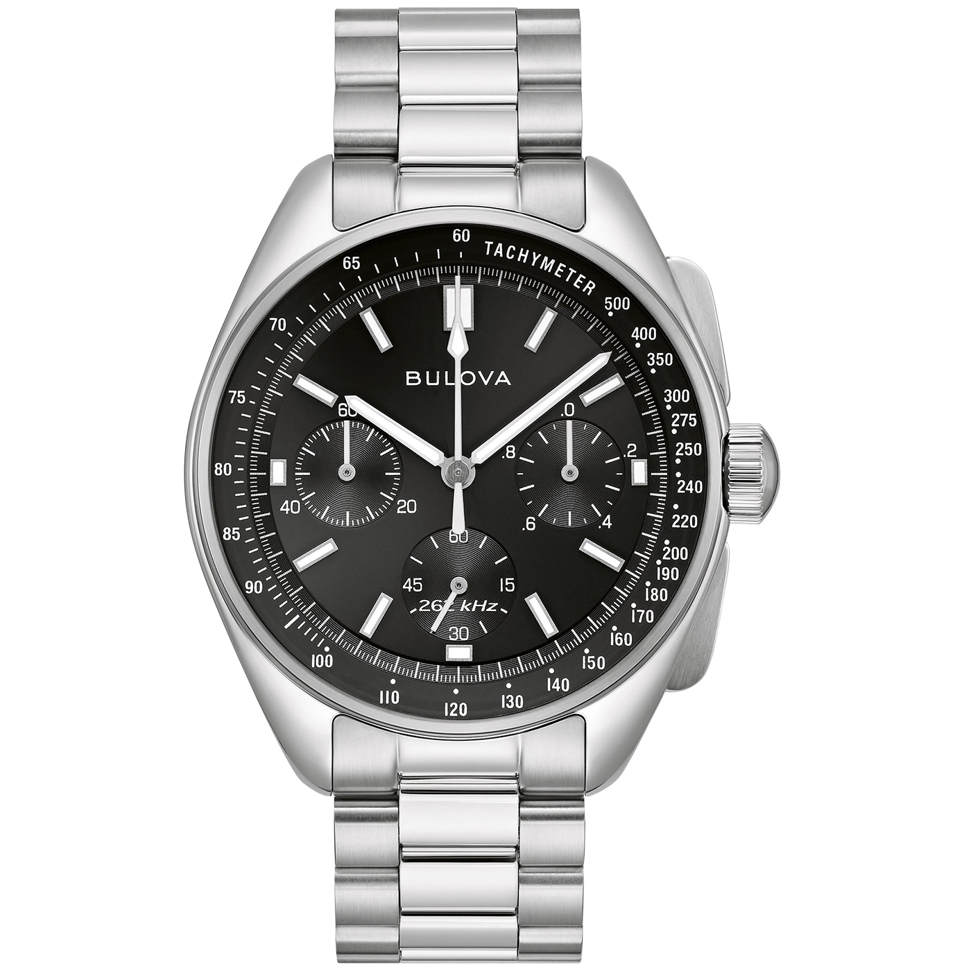 Bulova horloge met zwarte wijzerplaat, tachymeter, en roestvrijstalen band.