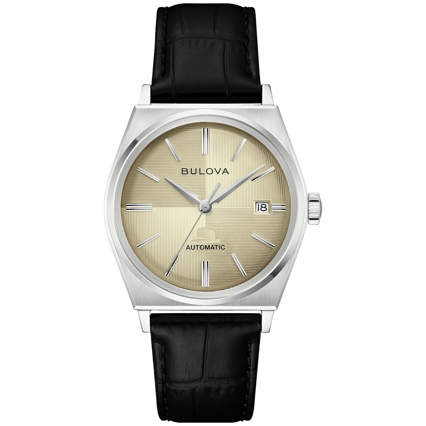 Zilveren Bulova automatische horloge met zwarte leren band en goudkleurige wijzerplaat.