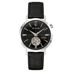 Bulova horloge met zwarte wijzerplaat en leren band, automatisch, 21 juwelen