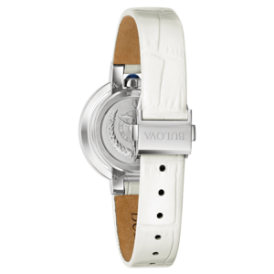Bulova horloge, witte leren band, 150-jarig jubileum, detailopname, close-up