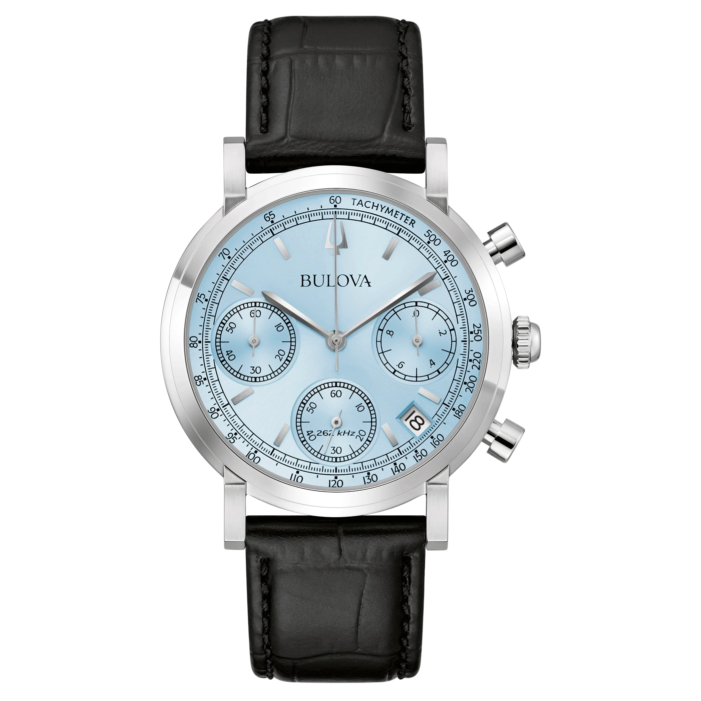 Bulova horloge met lichtblauwe wijzerplaat en zwart lederen band.