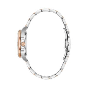 Horloge, zilverkleurige kast, roségouden accenten, armband, zijaanzicht, sieraden