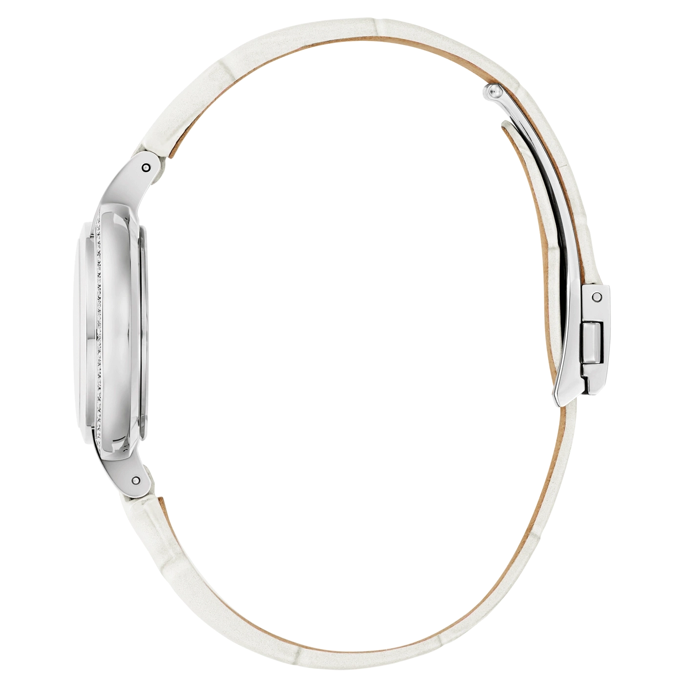 Witte dameshorloge met zilveren kast en witte leren band, elegant en stijlvol.