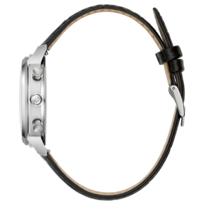 Horloge met zwart lederen band. Zilveren kast. Tijdwaarneming. Elegant ontwerp. Chronograaf.