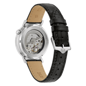 Bulova horloge, roestvrij staal, leren band, skelet wijzerplaat, automatisch uurwerk, waterdicht, 21 juwelen.