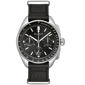 Zwarte Bulova horloge met leren band, tachymeter, 26 kHz, chronograaf.