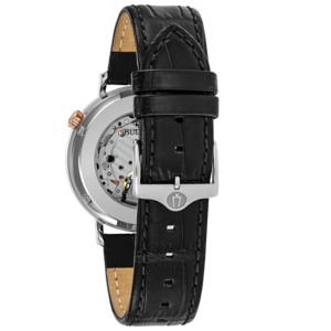 Zwarte horloge met leren band en zilveren gesp, close-up detailopname