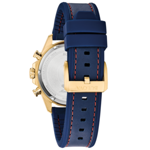 Gouden horloge met blauwe band en rode stiksels, Bulova-logo op de gesp.