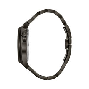 Zwarte horloge met band. Zijaanzicht. Strak design. Modern accessoire. Tijdloos elegant.