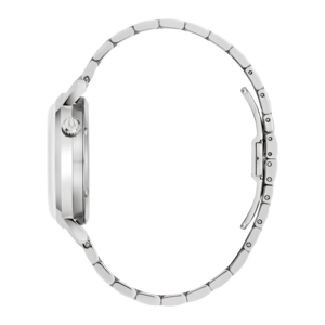Zilveren horloge met band, zijaanzicht, detailopname, geïsoleerd op wit