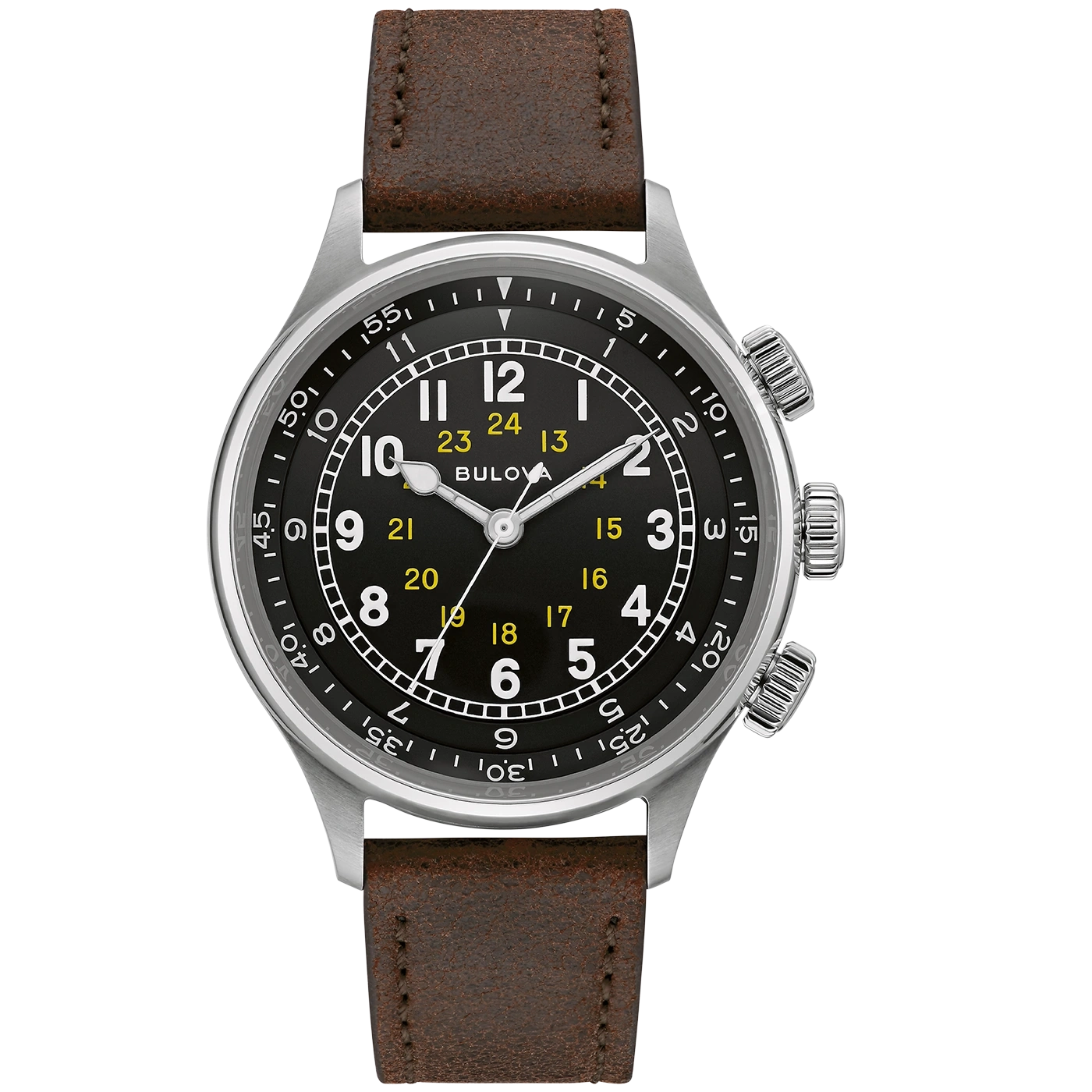 Bulova horloge met zwarte wijzerplaat, bruine leren band en zilverkleurige behuizing.
