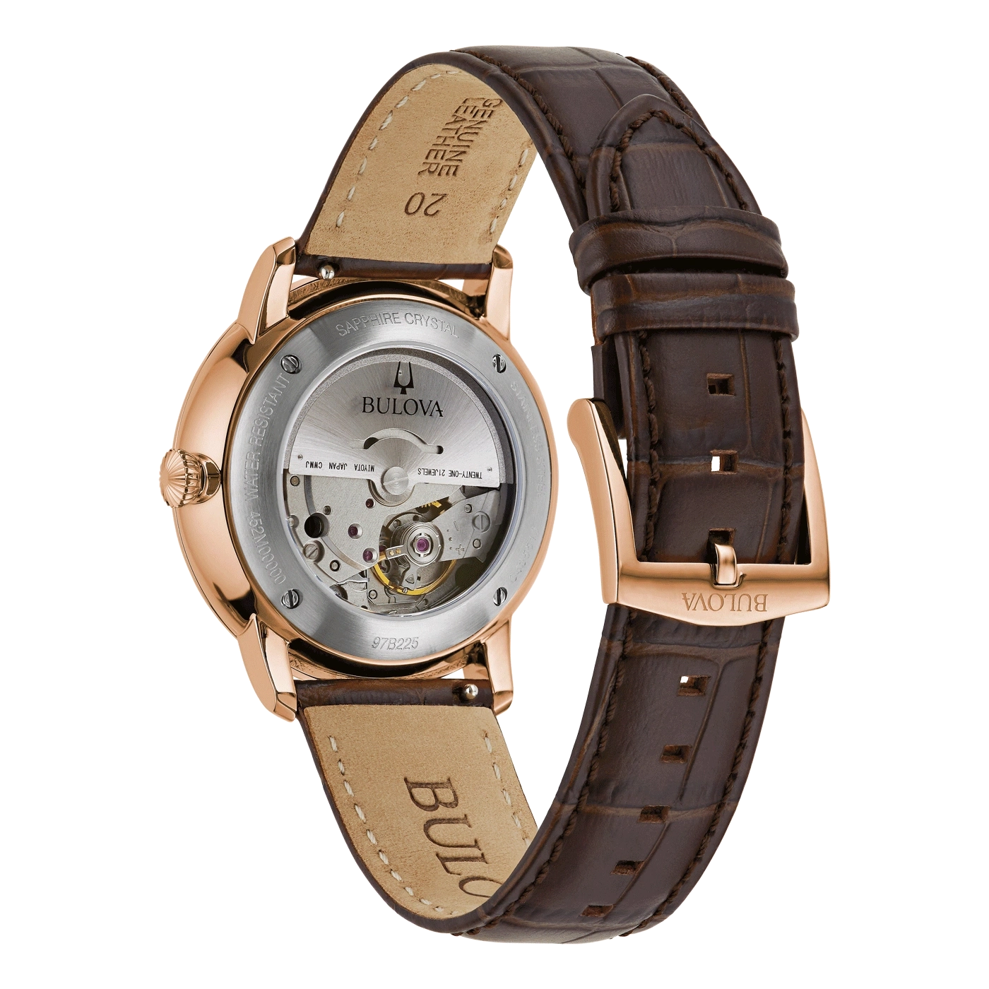 Bulova horloge met bruine leren band, saffierglas, waterdicht, 21 juwelen.