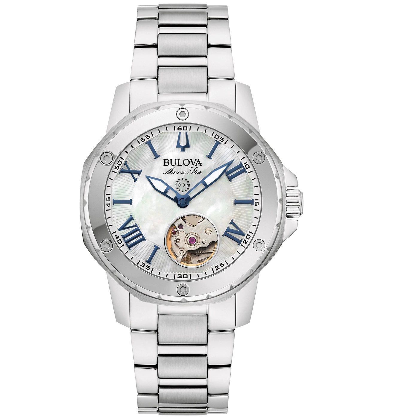 Bulova Marine Star horloge, zilveren band, blauwe wijzerplaat, Romeinse cijfers, automatisch uurwerk.