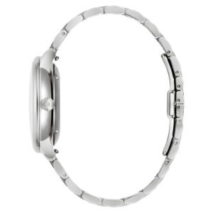 Zilveren horloge, zijzicht, ronde wijzerplaat, elegant ontwerp, accessoire, mode, polsband, tijd