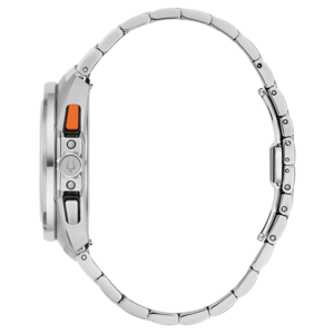 Horloge, zilveren band, oranje knop, zijaanzicht, detailopname, accessoire, mode