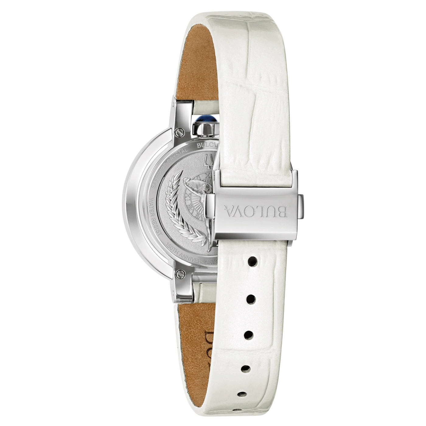 Bulova horloge, witte leren band, 150-jarig jubileum, detailopname, close-up