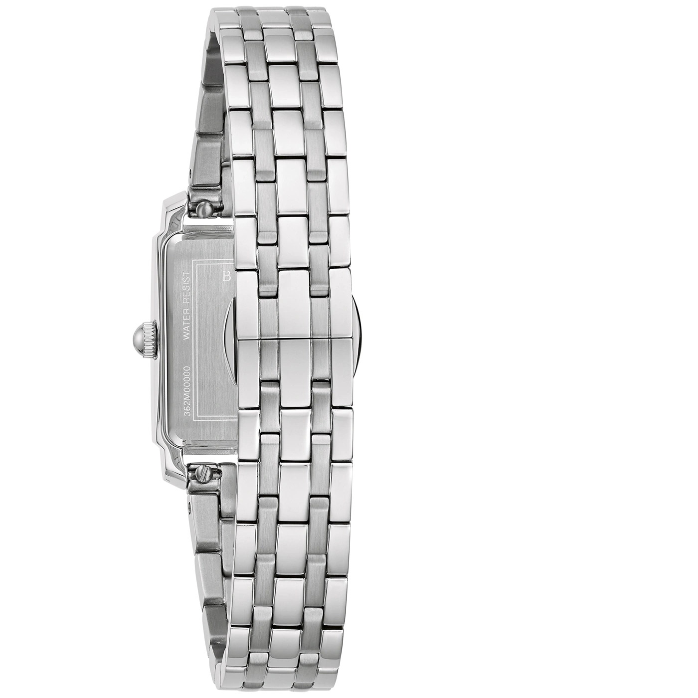 Zilveren horloge met rechthoekige wijzerplaat en metalen band, close-up