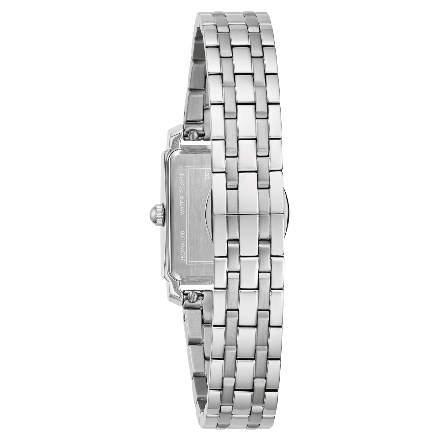 Close-up van een zilveren horloge met rechthoekige wijzerplaat en metalen band.
