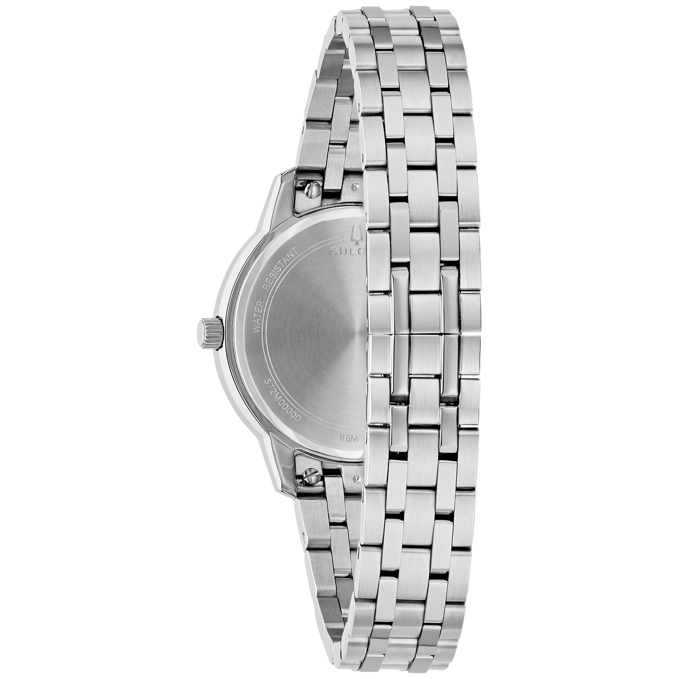 Achterkant van een zilveren Bulova horloge met waterbestendigheid en modelnummer.
