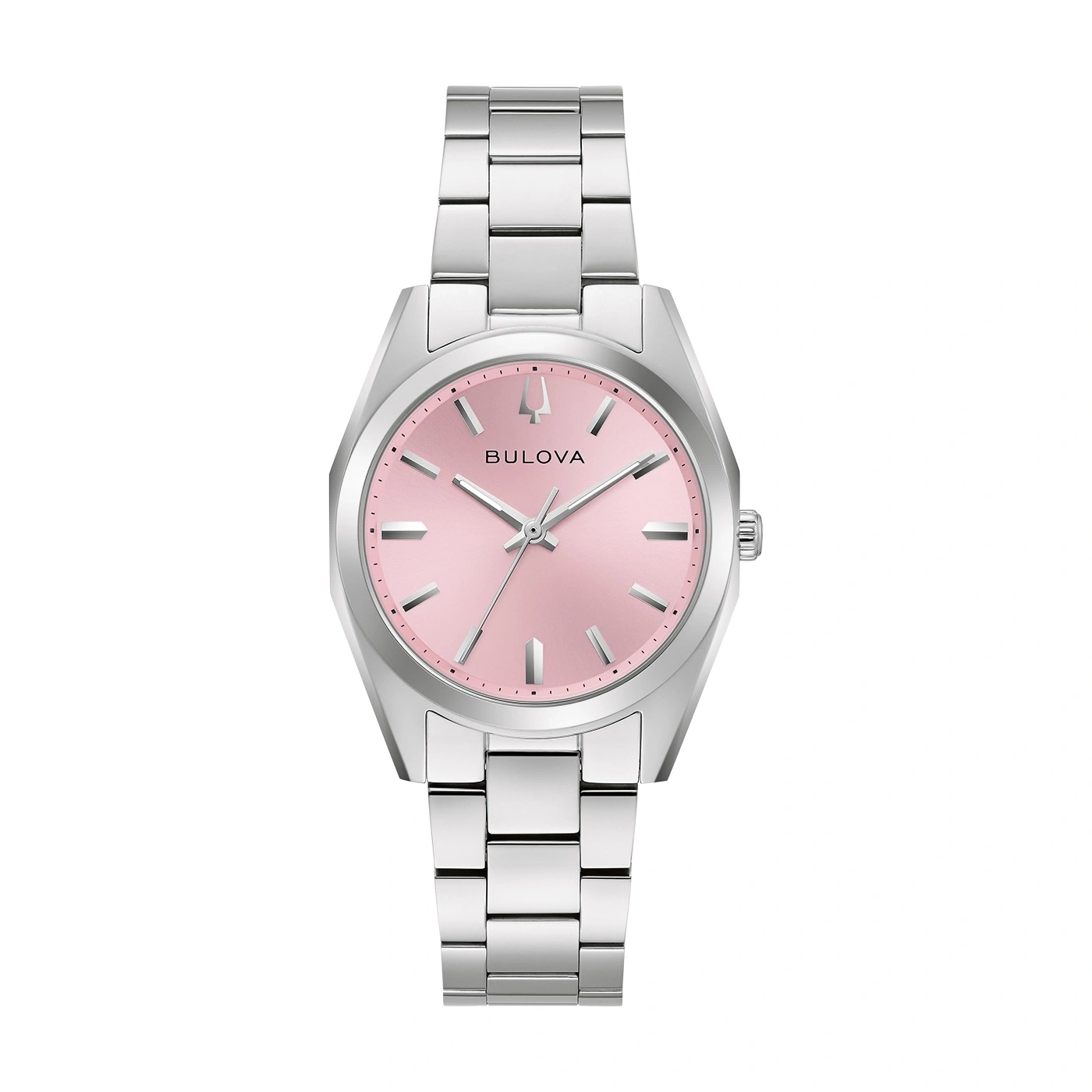Een zilveren Bulova horloge met een roze wijzerplaat en een metalen band.