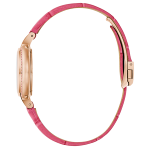 Roze dameshorloge met roségouden kast en band, close-up, elegant