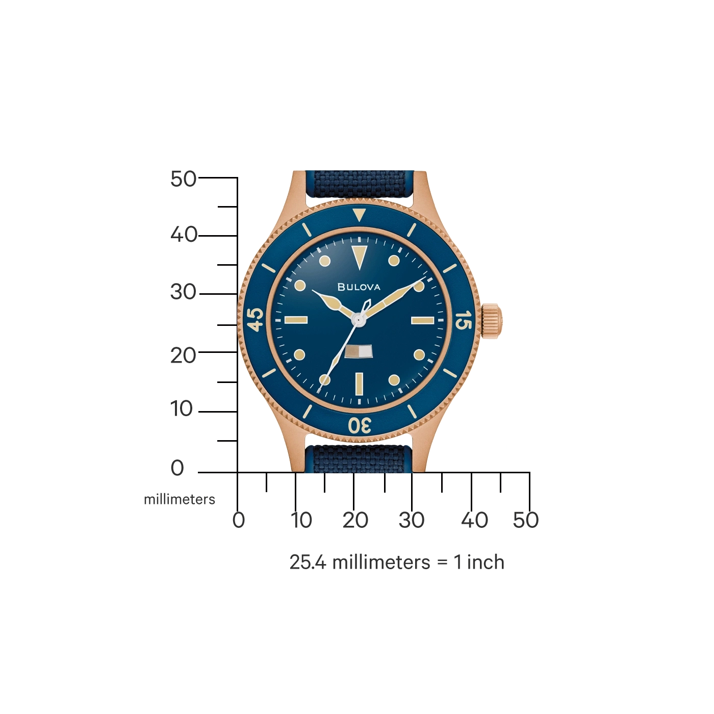 Blauw horloge met gouden behuizing en schaalverdeling in millimeters, Bulova merk.