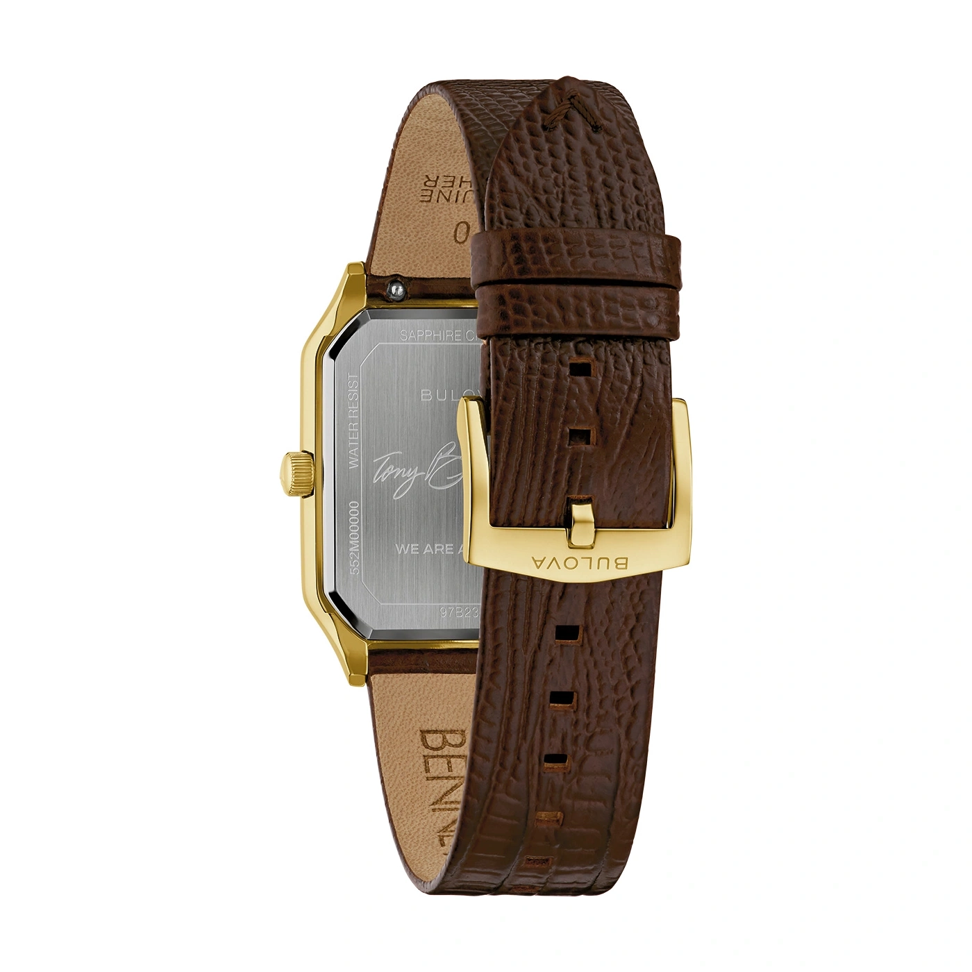 Bulova horloge, bruine leren band, gouden gesp, detailopname, achterkant