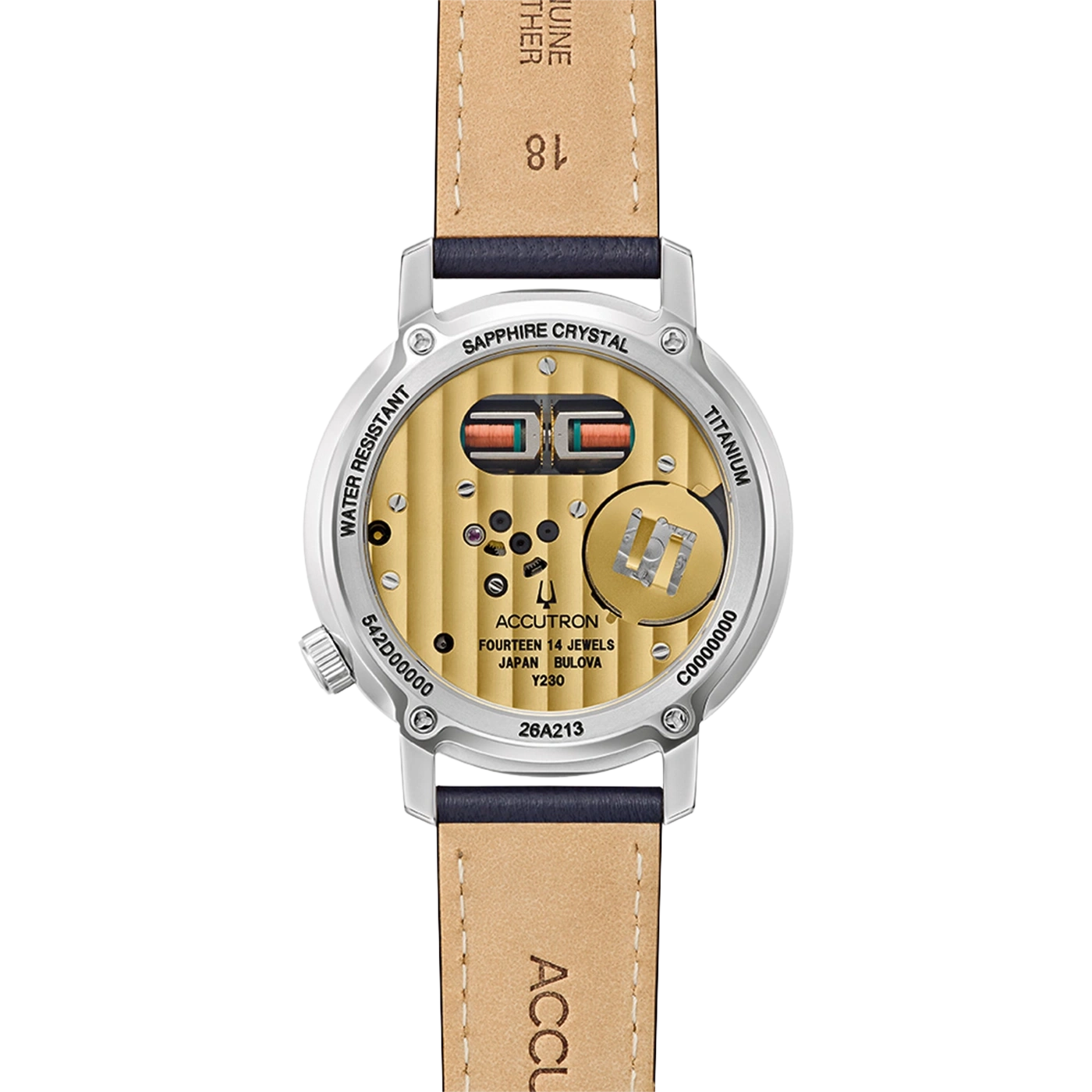 Achterkant van een gouden Accutron horloge met leren band en gravures.