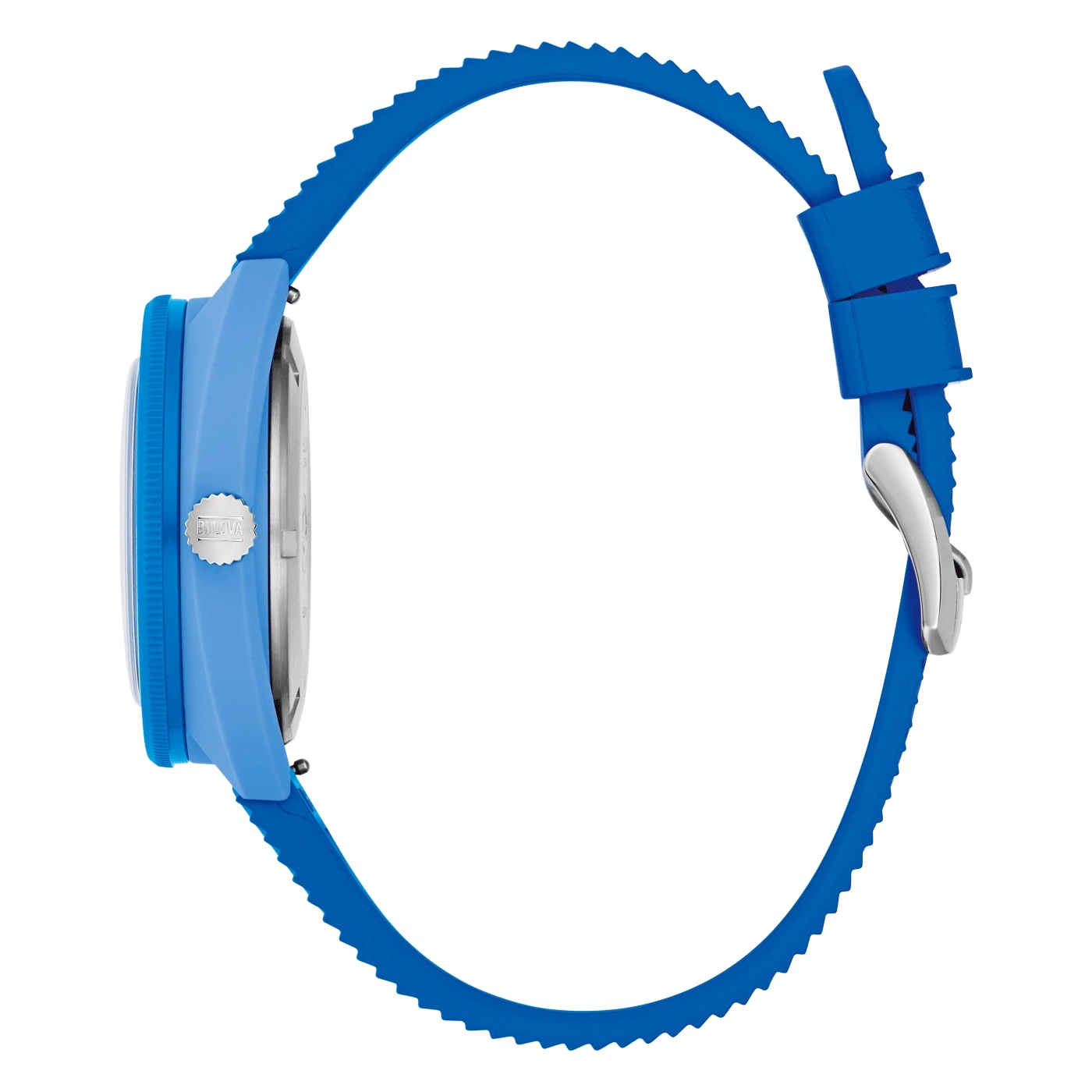 Blauw horloge met blauwe band. Bulova-logo. Detailopname van het horloge.