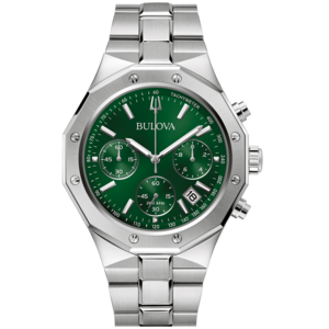 Bulova horloge met groene wijzerplaat en zilveren band, chronograaf functie.