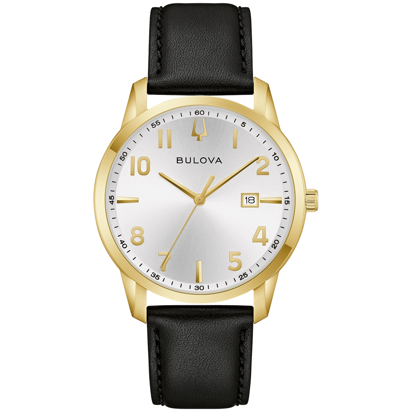 Gouden Bulova horloge met zwarte leren band en datumaanduiding.