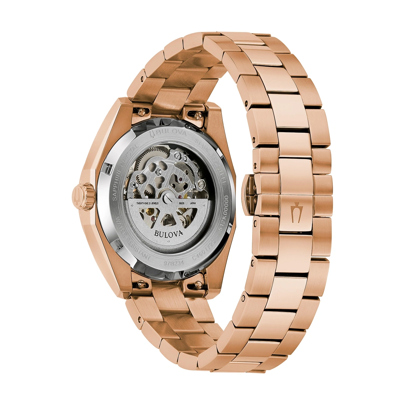 Bulova horloge, roségoud, skeleton, waterdicht, saffierglas, roestvrij staal, Japans uurwerk