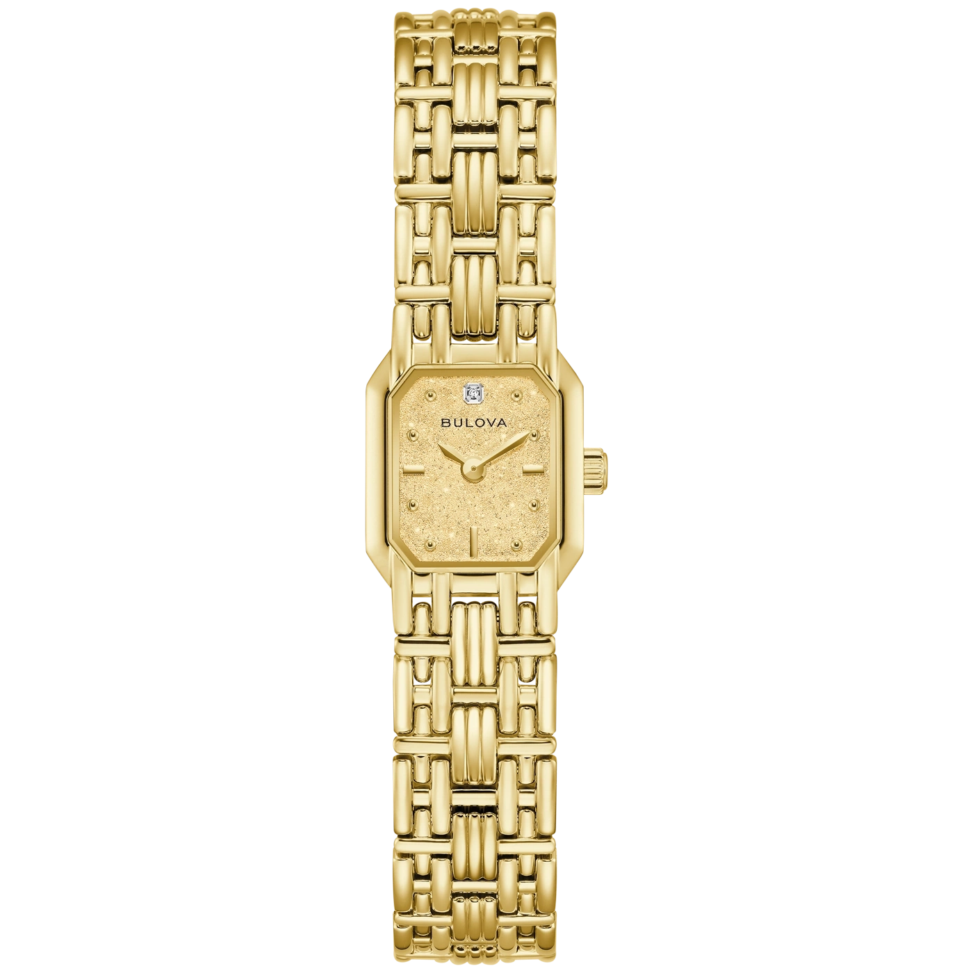 Een gouden Bulova dameshorloge met sprankelende wijzerplaat en diamant. Het horloge heeft een rechthoekige kast en een schakelband.