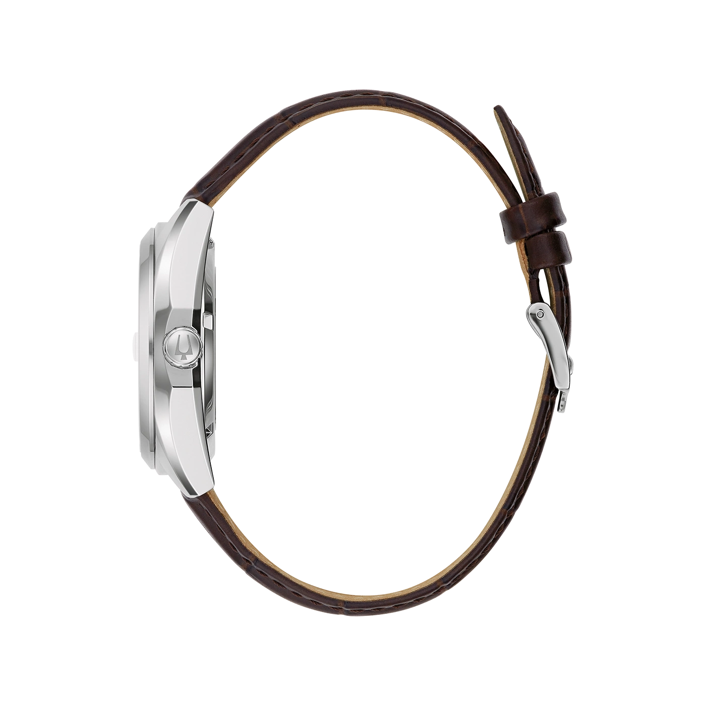 Horloge met bruine leren band, zijaanzicht, zilveren kast, close-up detail