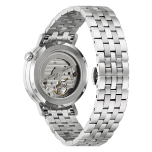 Bulova horloge met transparante achterkant en roestvrijstalen band, uurwerk zichtbaar