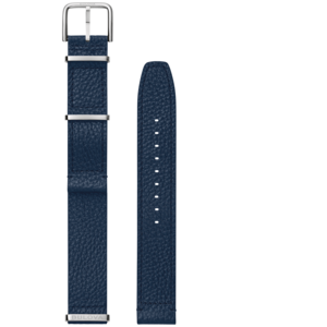 Donkerblauwe leren horlogeband met zilveren gespen en Bulova-logo.