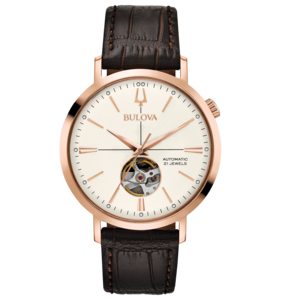 Bulova horloge met roségouden kast en bruine leren band, automatisch uurwerk.