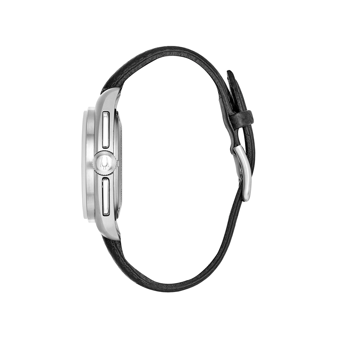 Zijaanzicht van een horloge met zwart leren bandje en zilveren kast, detailopname
