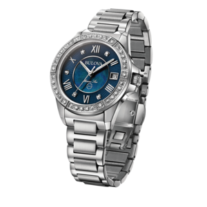Bulova Marine Star horloge, blauwe wijzerplaat, diamanten, roestvrijstalen band, luxe accessoire