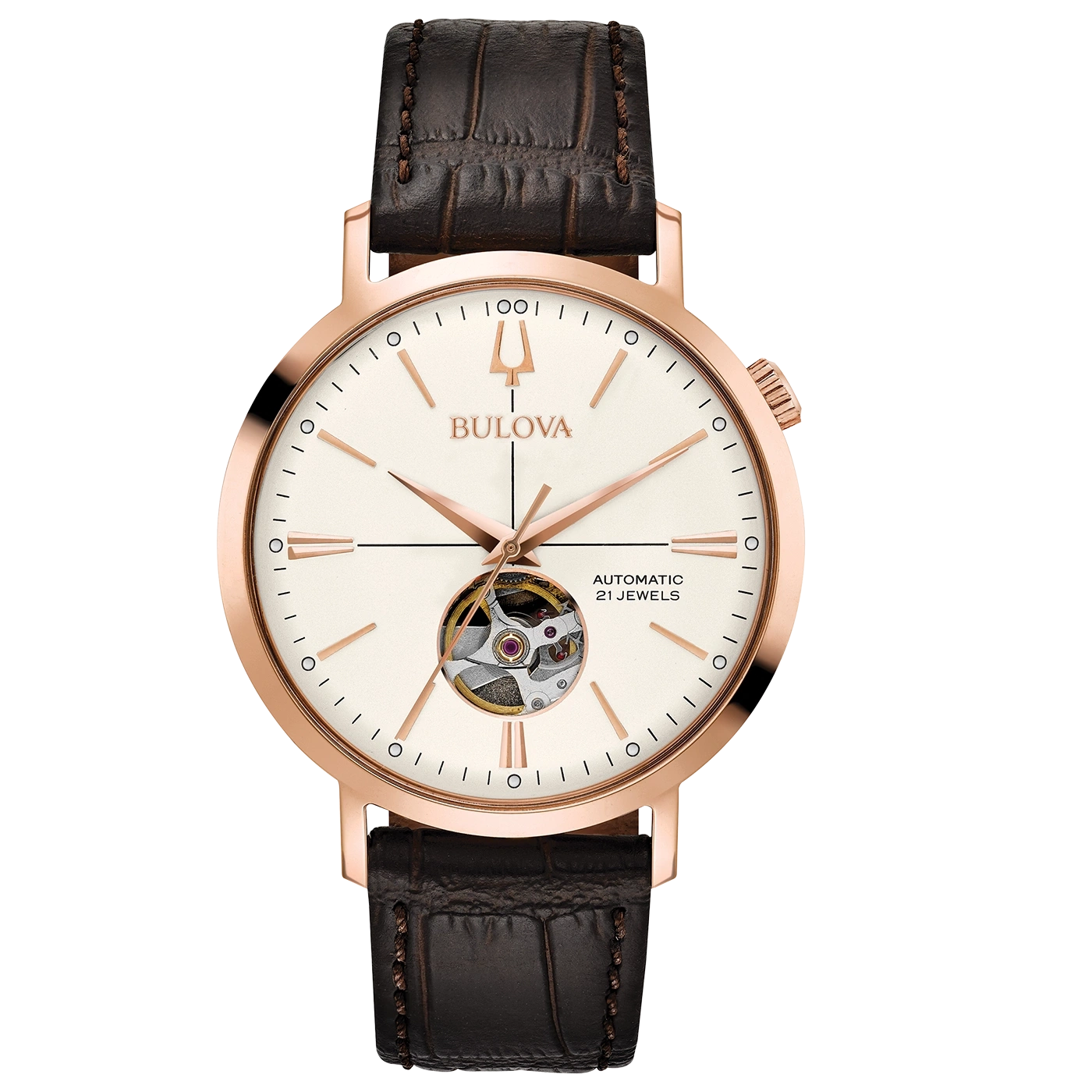 Bulova horloge met roségouden kast en bruine leren band, automatisch uurwerk.