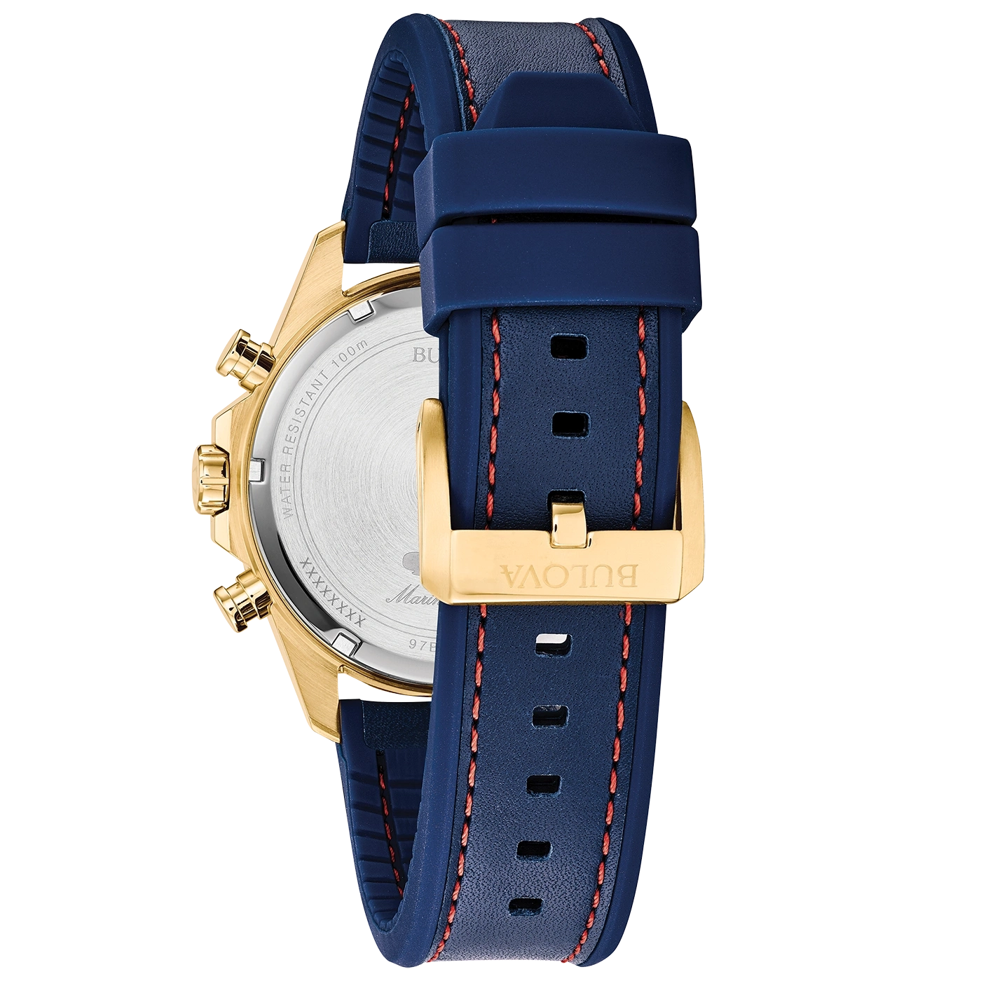 Gouden horloge met blauwe band en rode stiksels, Bulova-logo op de gesp.