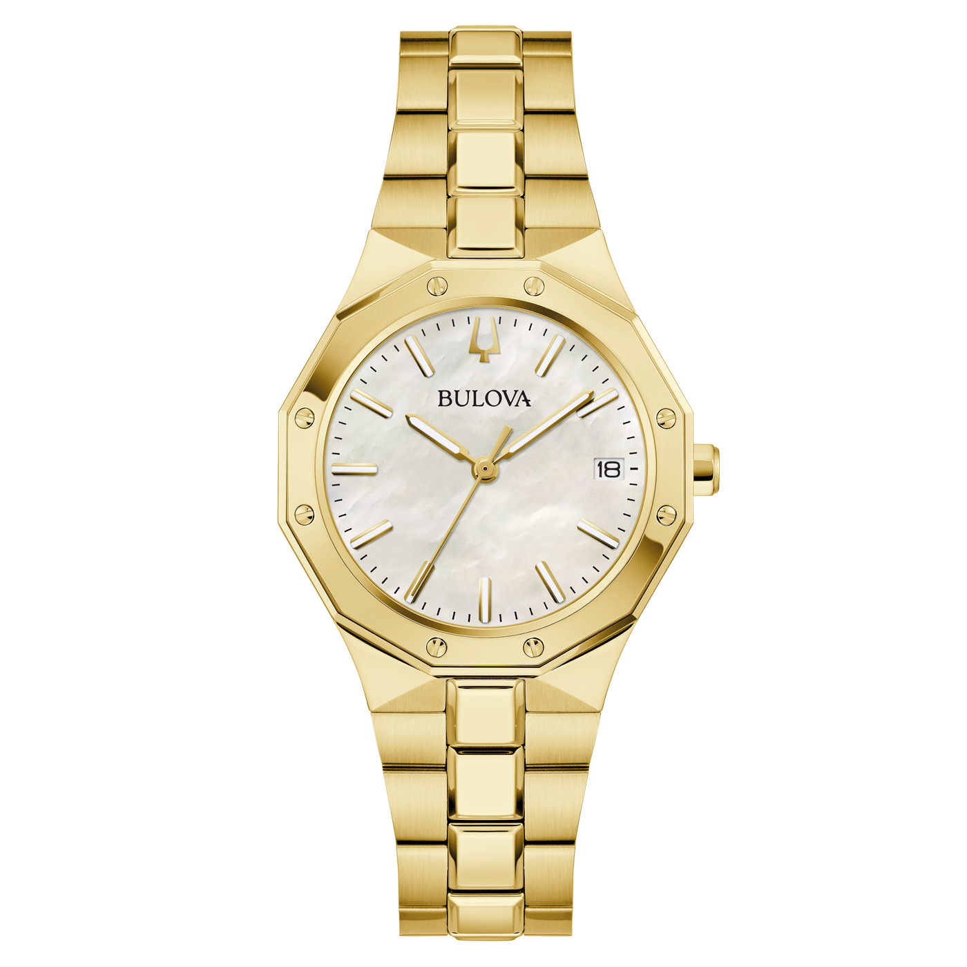 Gouden Bulova horloge met parelmoer wijzerplaat en datumweergave, elegant design.