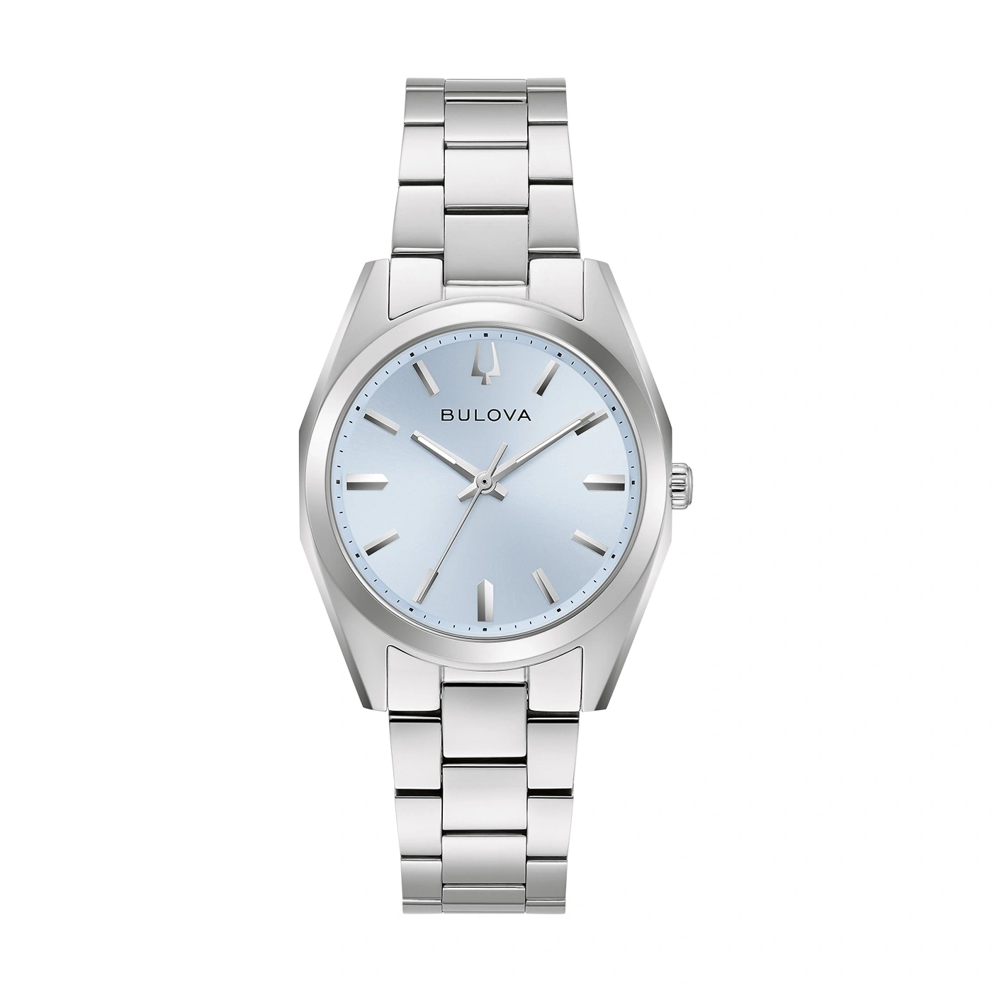 Zilveren Bulova horloge met lichtblauwe wijzerplaat en armband