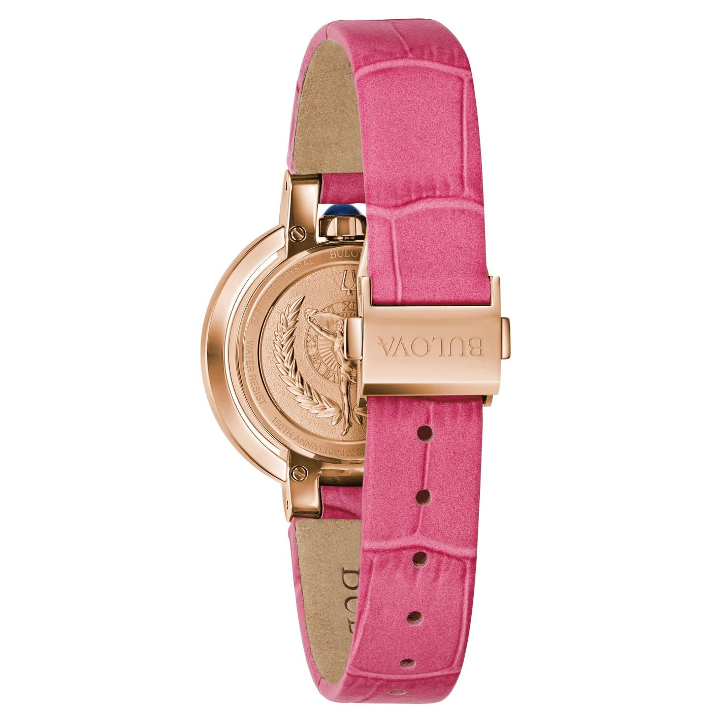 Roze horloge met roze band, Bulova-logo, detailopname, close-up, 160th Anniversary