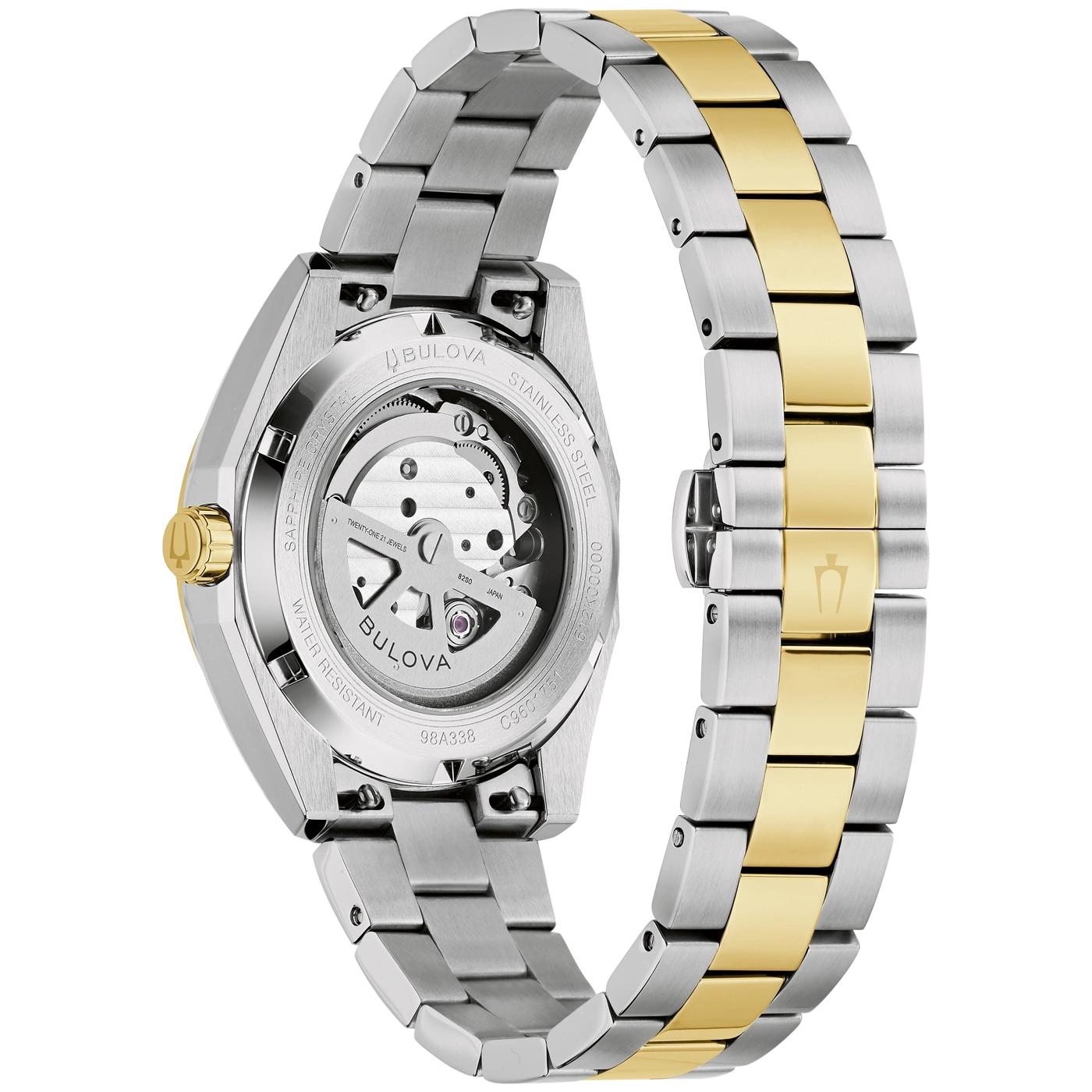 Achterkant van een tweekleurig Bulova automatisch horloge met roestvrijstalen kast en gouden accenten.