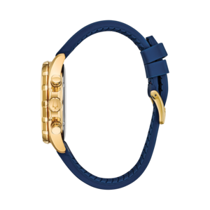 Gouden horloge met blauwe band, zijaanzicht, detailopname, elegant
