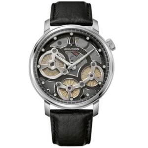 Accutron horloge met zwart lederen band en transparante wijzerplaat