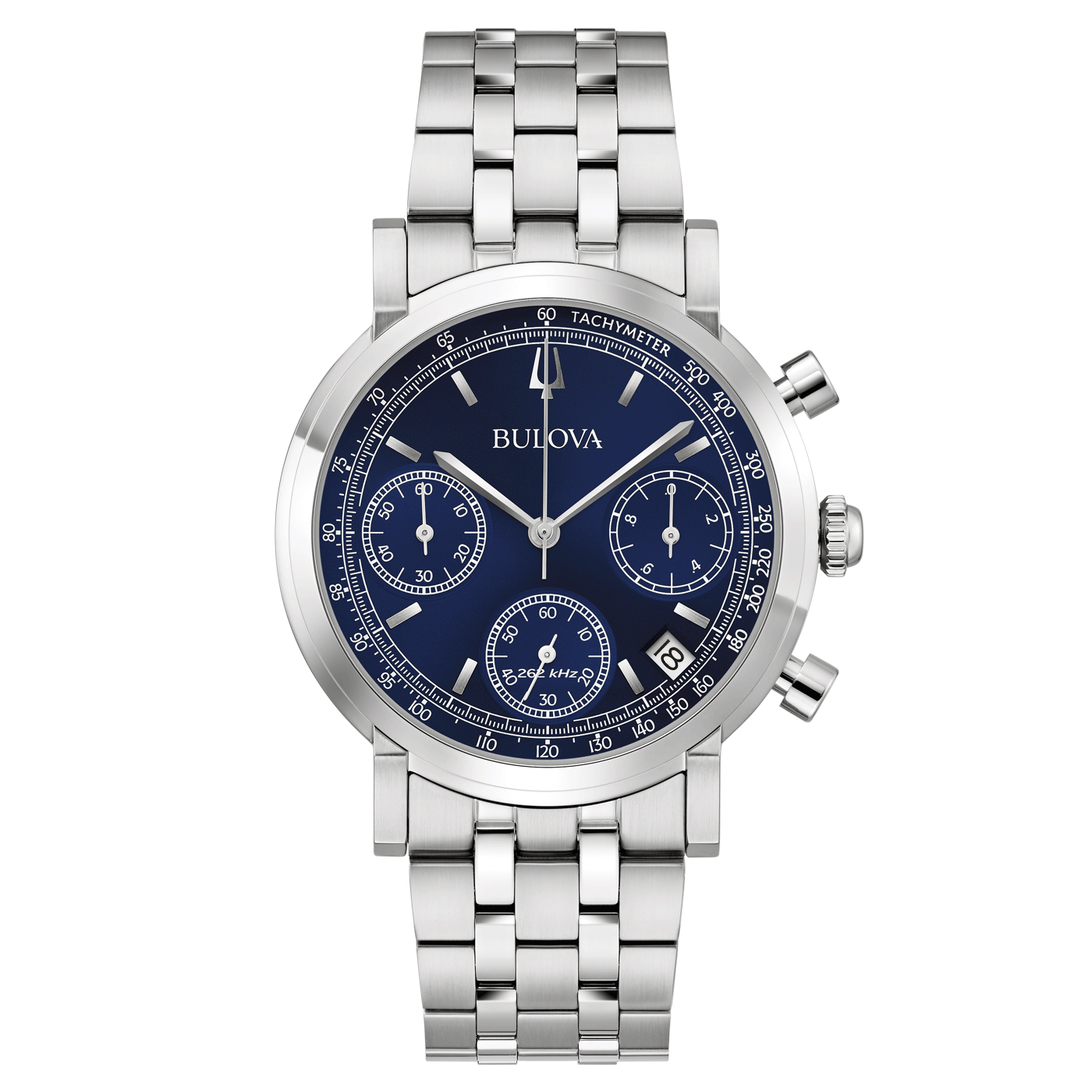 Bulova horloge met blauwe wijzerplaat en zilveren band, chronograaf functie.