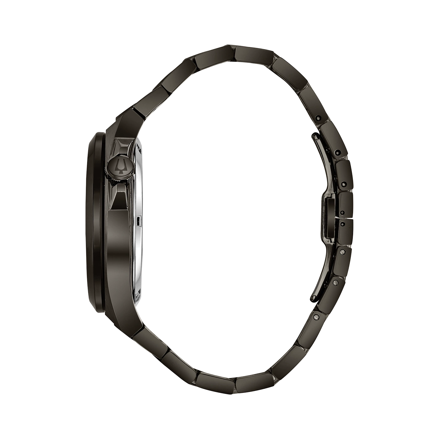 Zwarte horloge met band. Zijaanzicht. Strak design. Modern accessoire. Tijdloos elegant.
